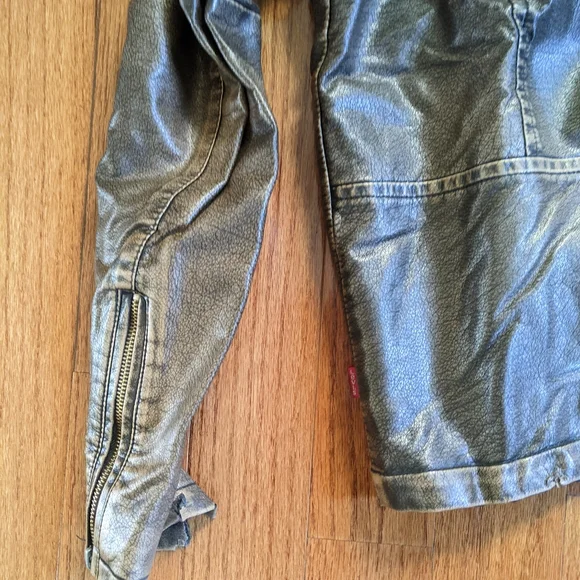 Levi's Chocolate Brown Faux Leather Gray Hoodie Thick Moto Winter Jacket Men's L - Picture 8 of 9